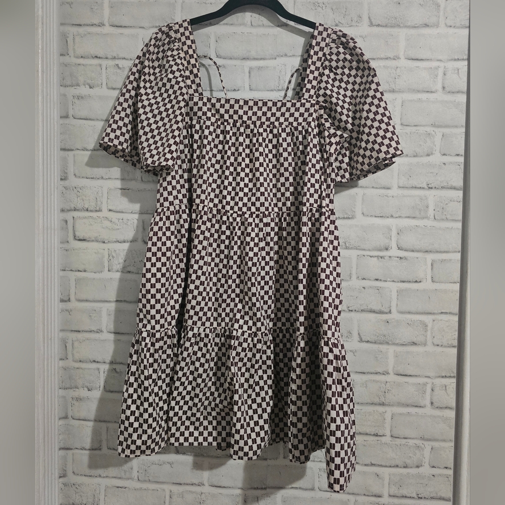 EUC Abercrombie & Fitch Angel Sleeve Trapeze Mini Dress Brown Checkered Size S - Picture 6 of 12